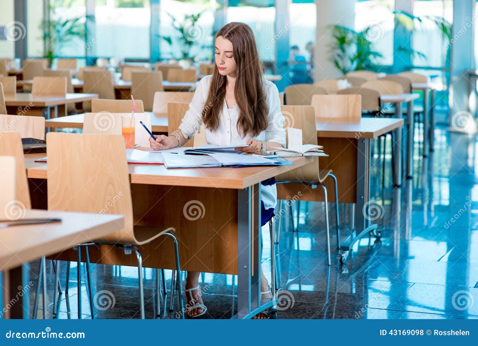 Girl Studying in the University Canteen Stock Photo Image of notebook