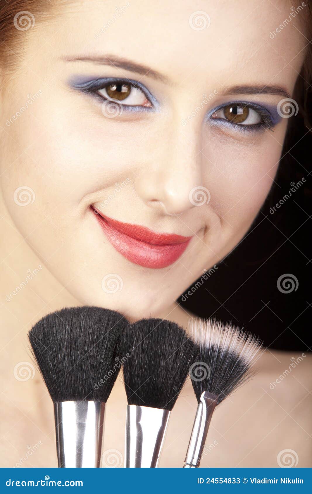 Girl with Style Makeup and Brush. Stock Image Image of close, hair