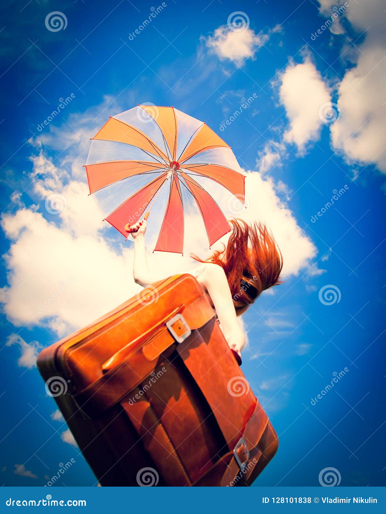 Girl with Suitcase Jump in the Sky. Stock Photo Image of outdoor, ukraine 128101838