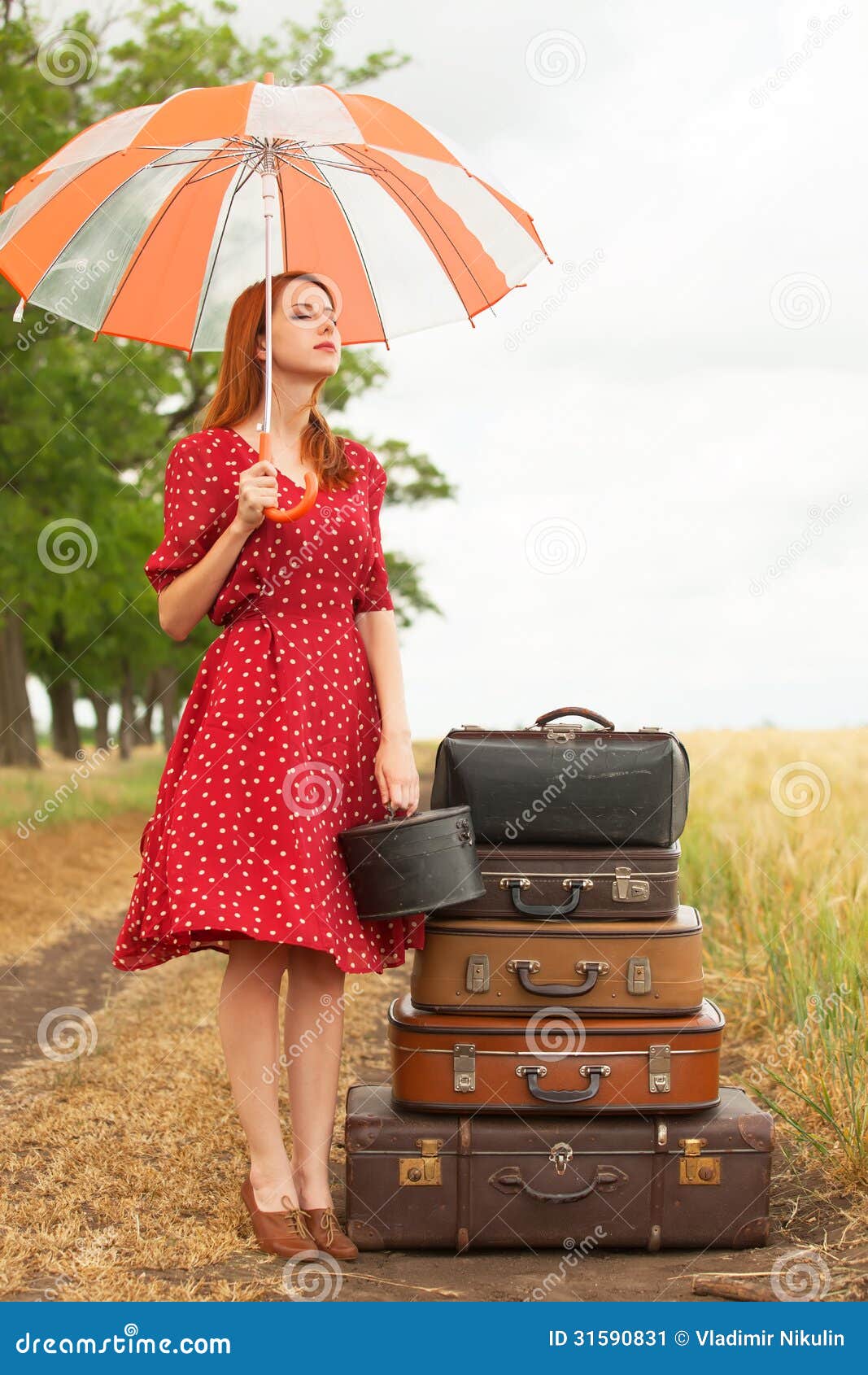 Girl with suitcases stock image. Image of countryside 31590831