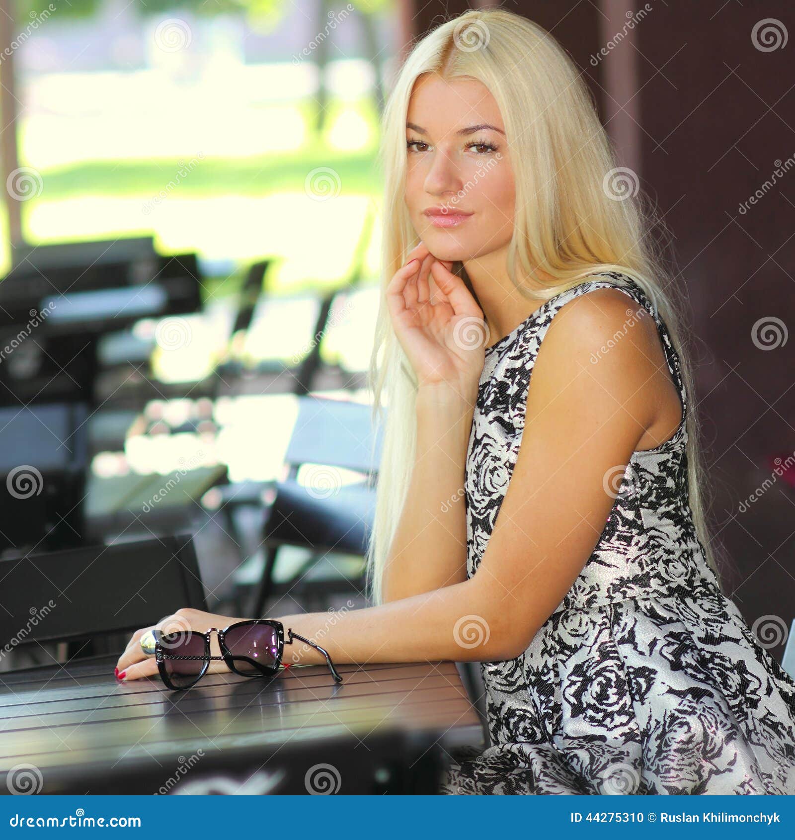 Girl in summer cafe stock photo. Image of dress, exterior - 44275310