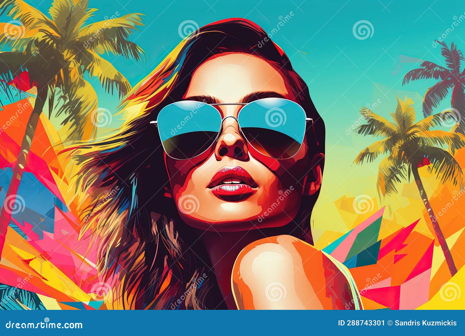Girl with Sunglasses, Palm Trees on Background Stock Illustration