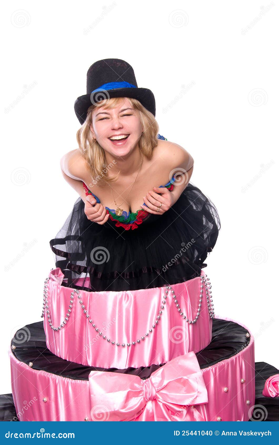 Girl, A Surprise Gift, Jumps Out Of The Toy Cake Stock Photo - Image of Woman Walks Out Of Surprise Party
