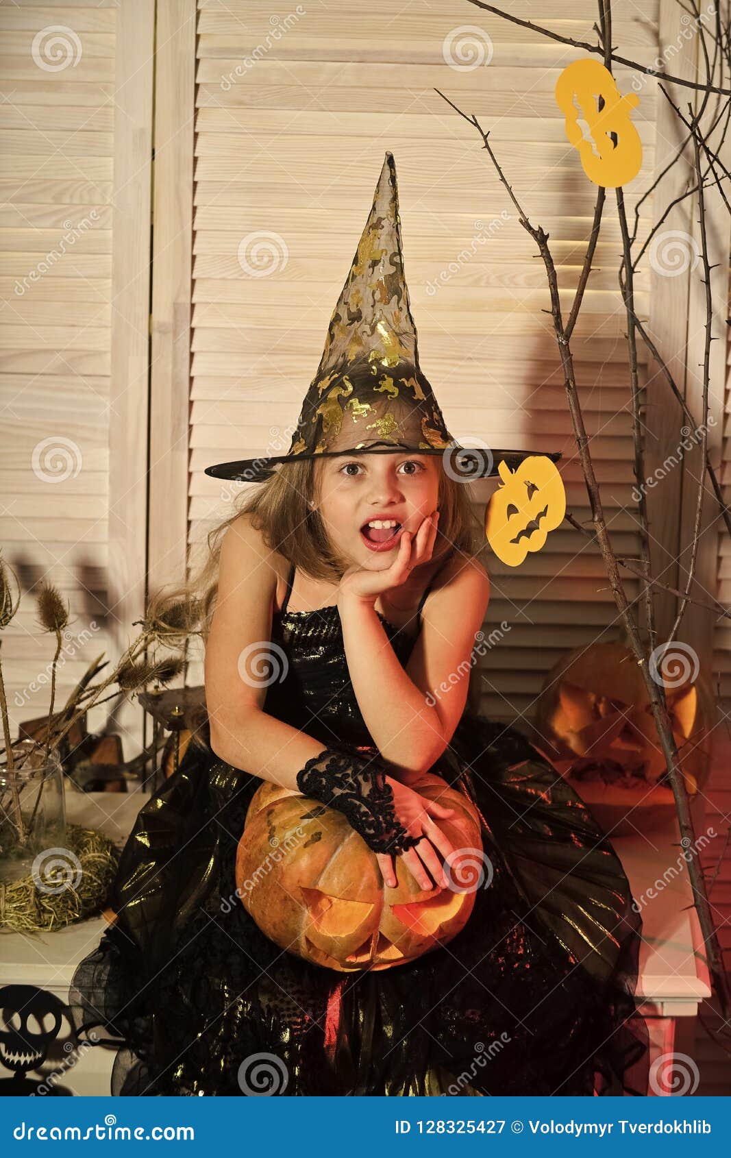 Girl with Surprised Face on Spooky Carnival Room Background. Stock ...