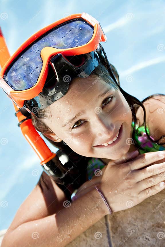 Girl In A Swimming Pool With Goggles And Snorkel Stock Image Image Of