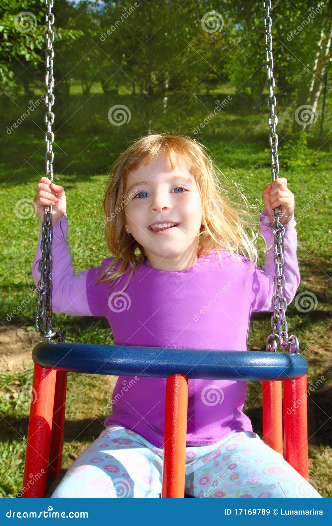 Girl Swinging On Swing Happy In Meadow Grass Park Stock Image Image Of Park Happy 17169789