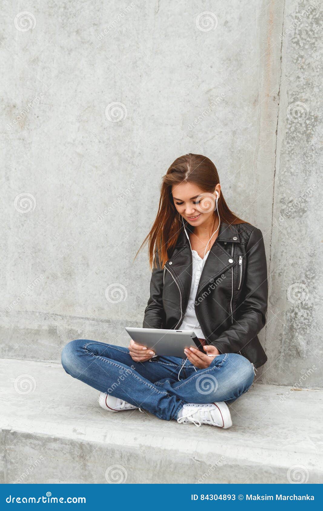 Girl with a Tablet in Hands Stock Image - Image of music, happy: 84304893