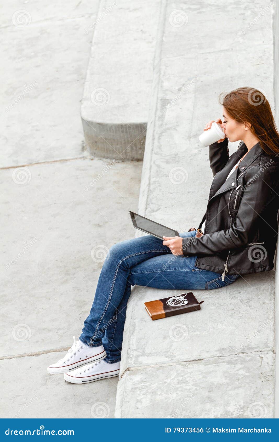 Girl with a Tablet in Hands Stock Photo - Image of headphones ...