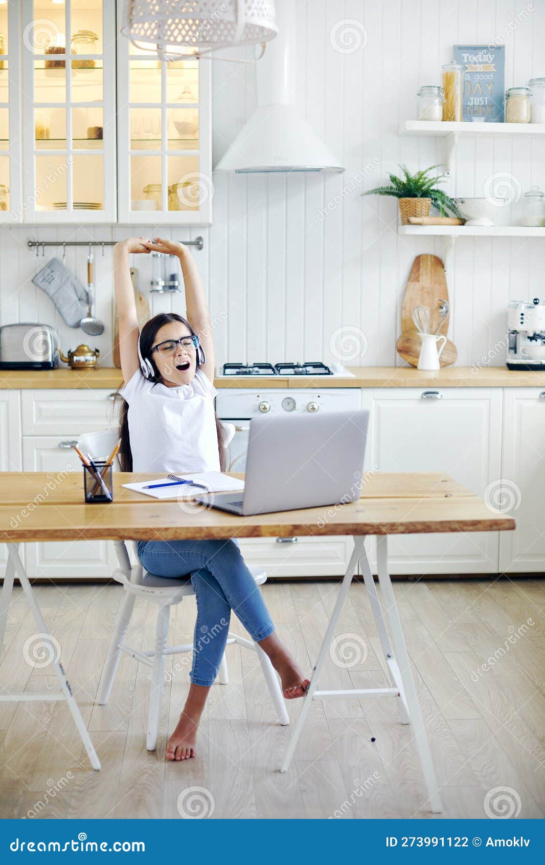 girl take break during home-schooling at home