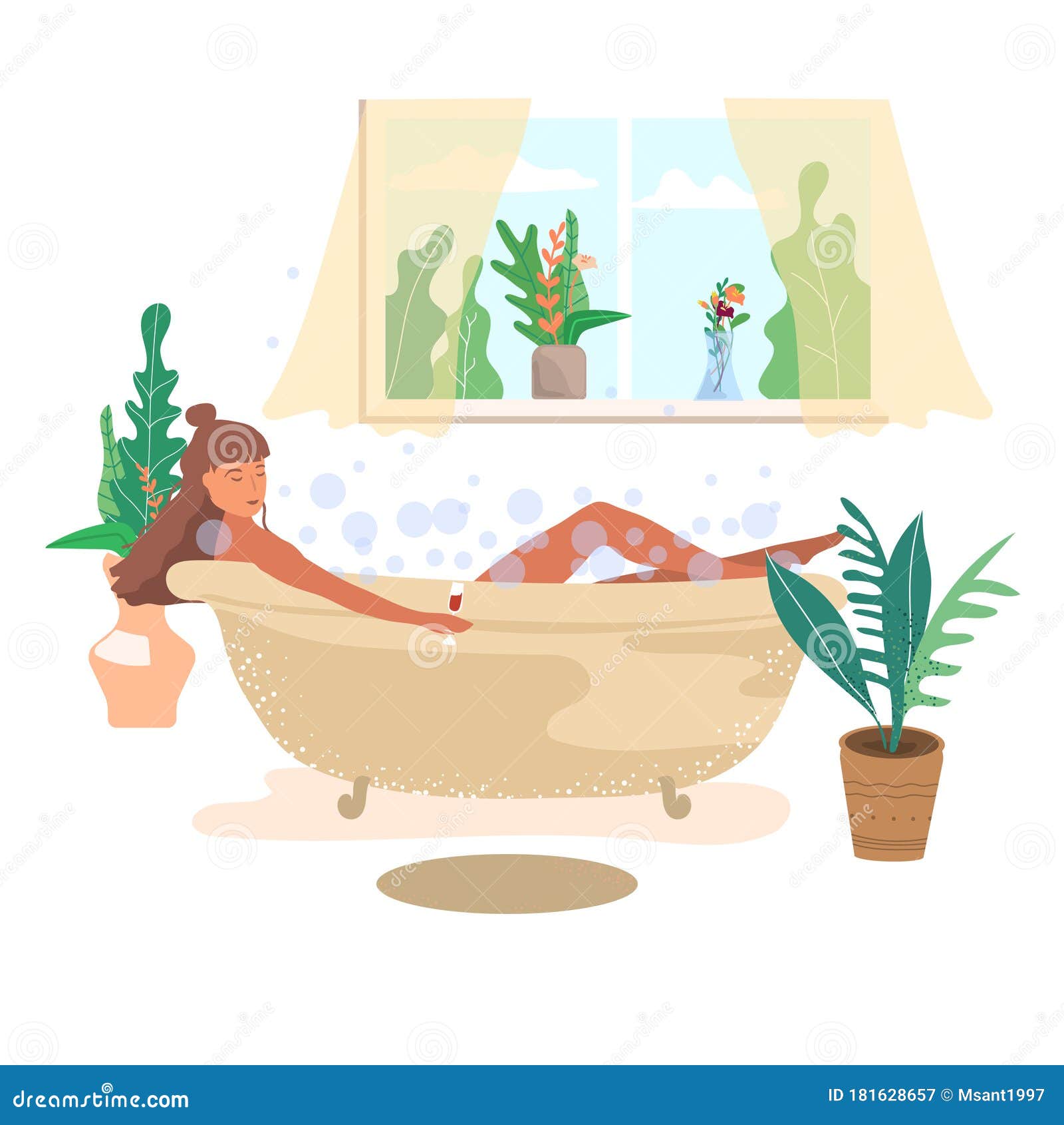 Girl Takes A Relaxing Bath At Home And Drinks Wine Cartoon Flat Vector Illustration Stock