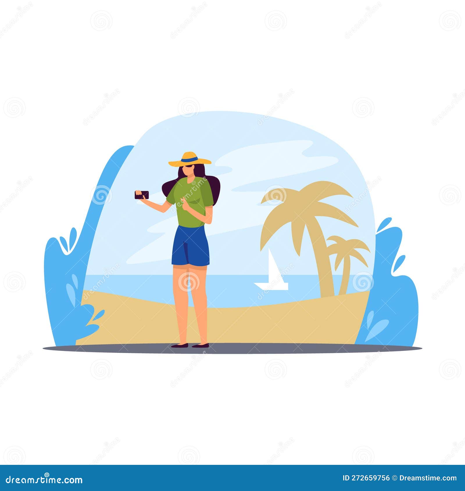 girl takes selfie near of seaside and palm trees color 2d  graphic