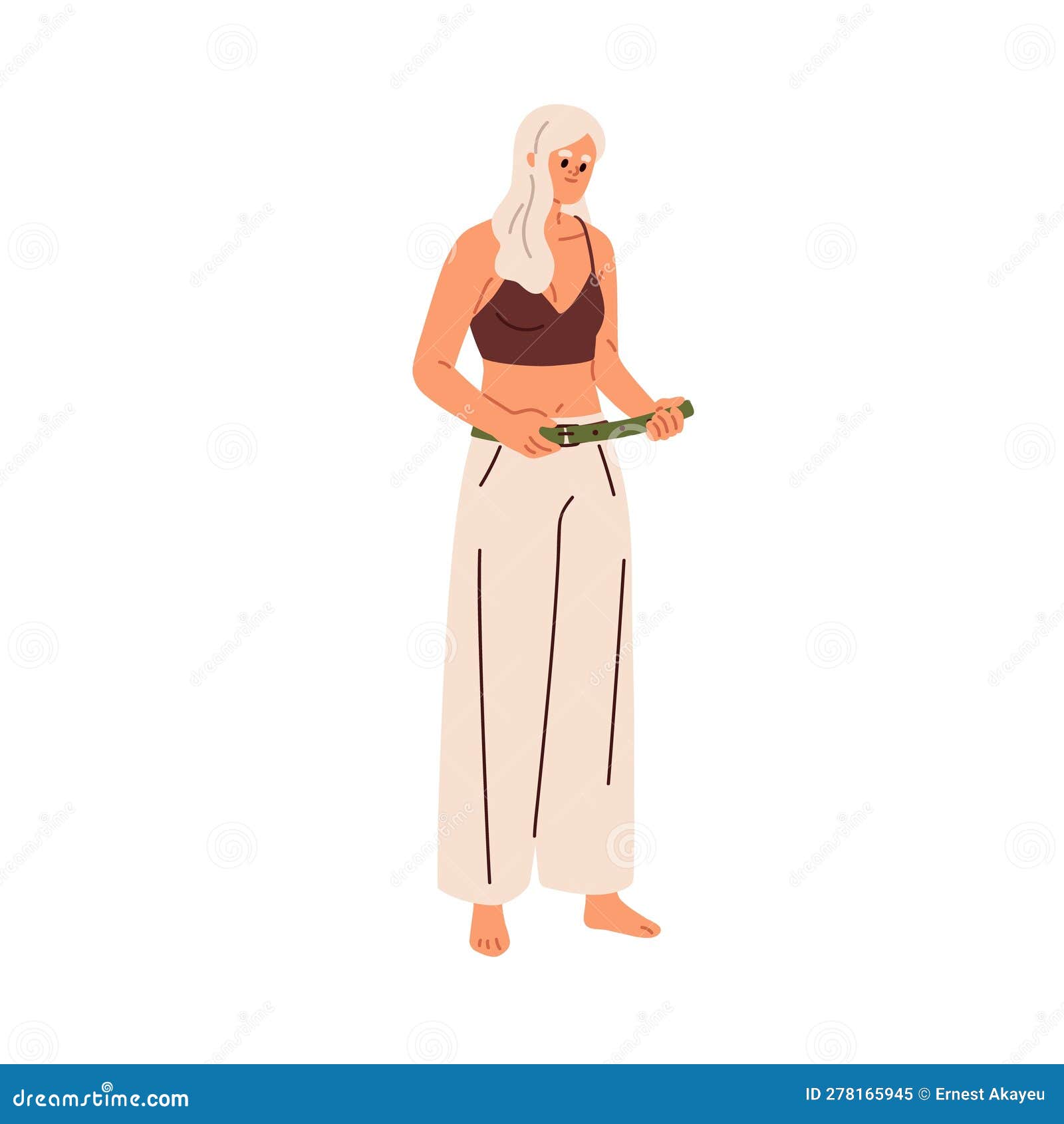 Girl Taking on Clothes, Adjusting, Tightening, Fitting Waist Belt on  Trousers. Woman Standing, Putting on Pants Stock Vector - Illustration of  buckle, pants: 278165945