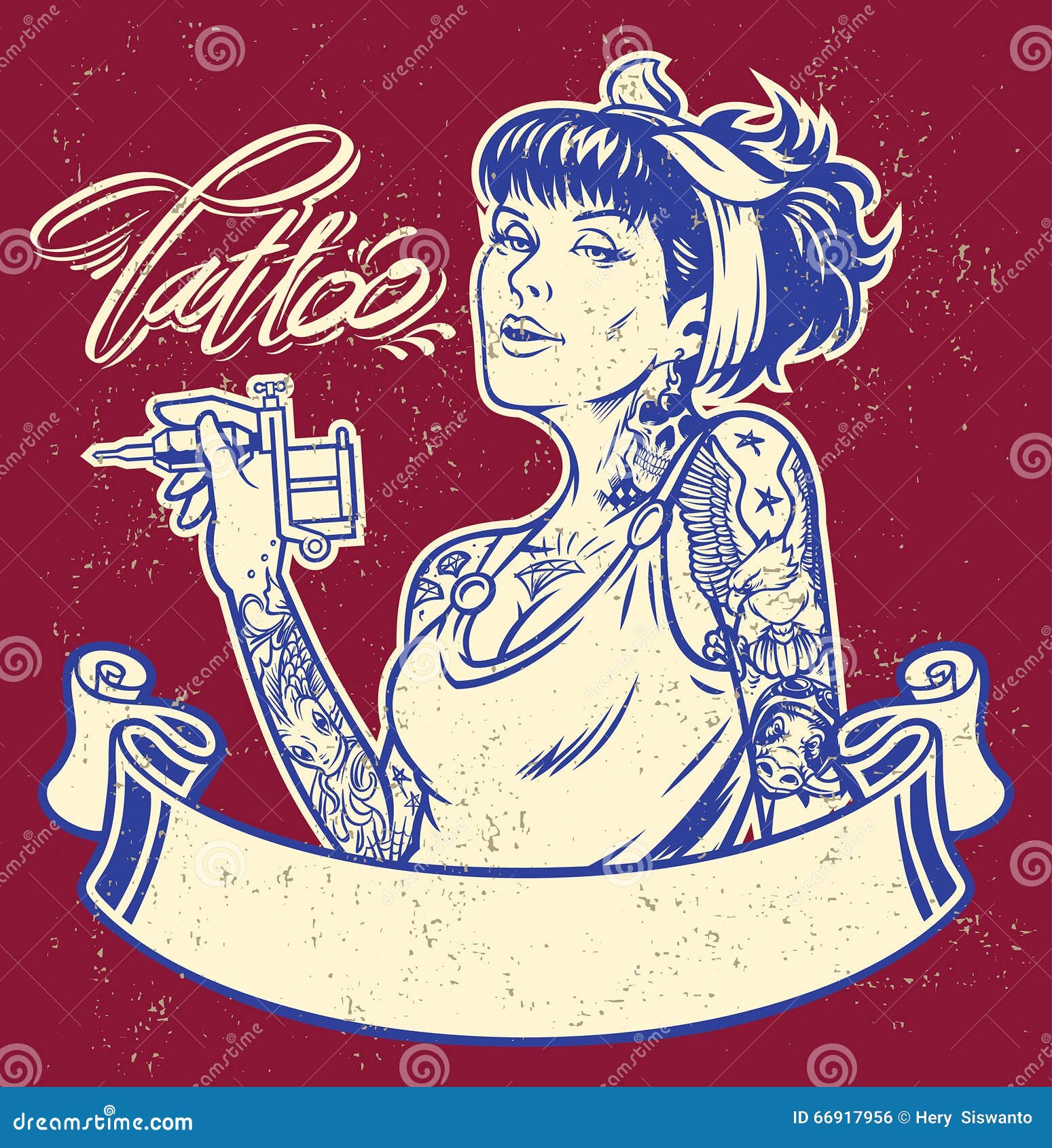 Girl Tattoo Artist with Banner Stock Vector - Illustration of drawing