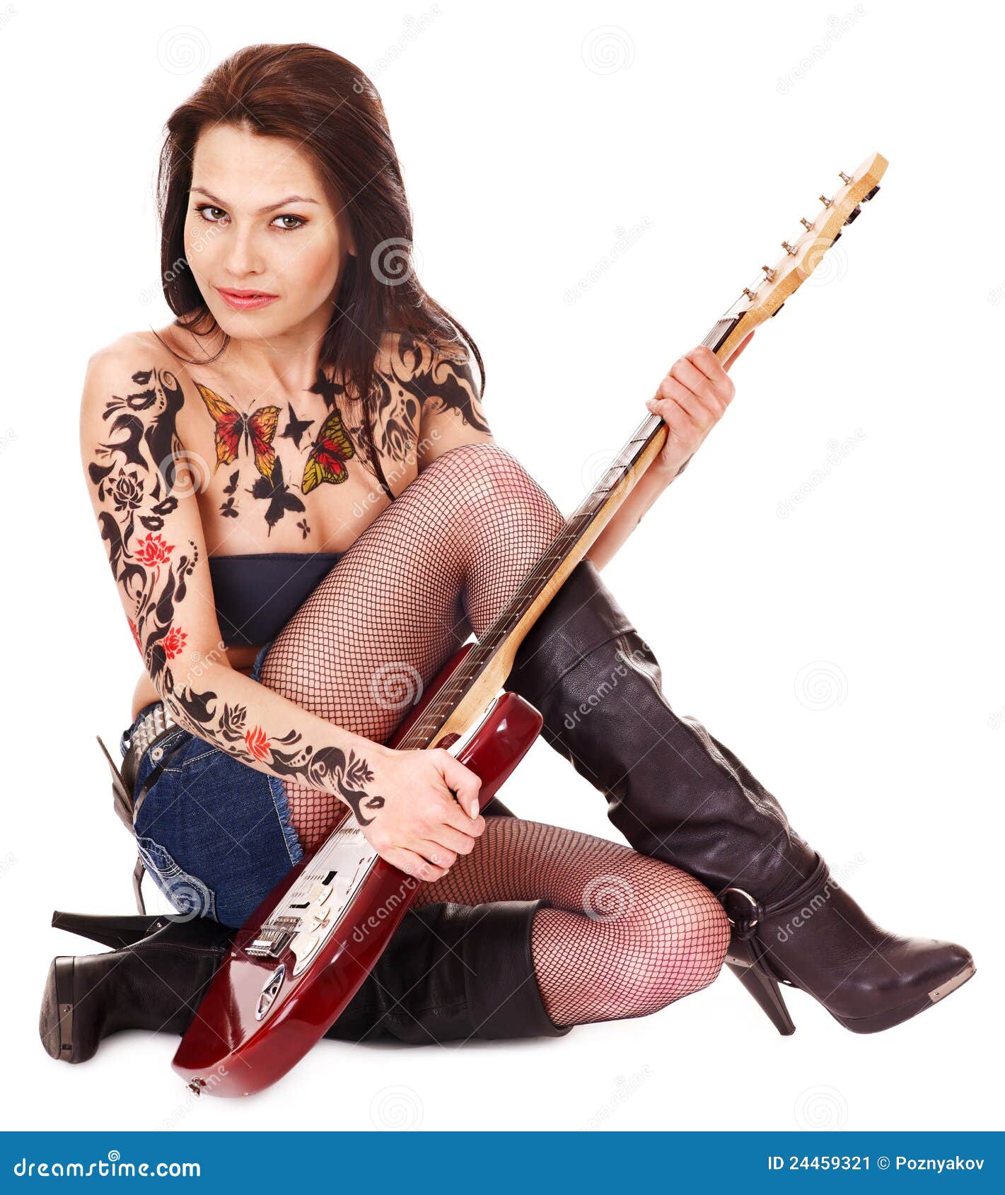 Rock N Roll Girl with Tattoo Stock Image - Image of portrait, guitar:  38820155