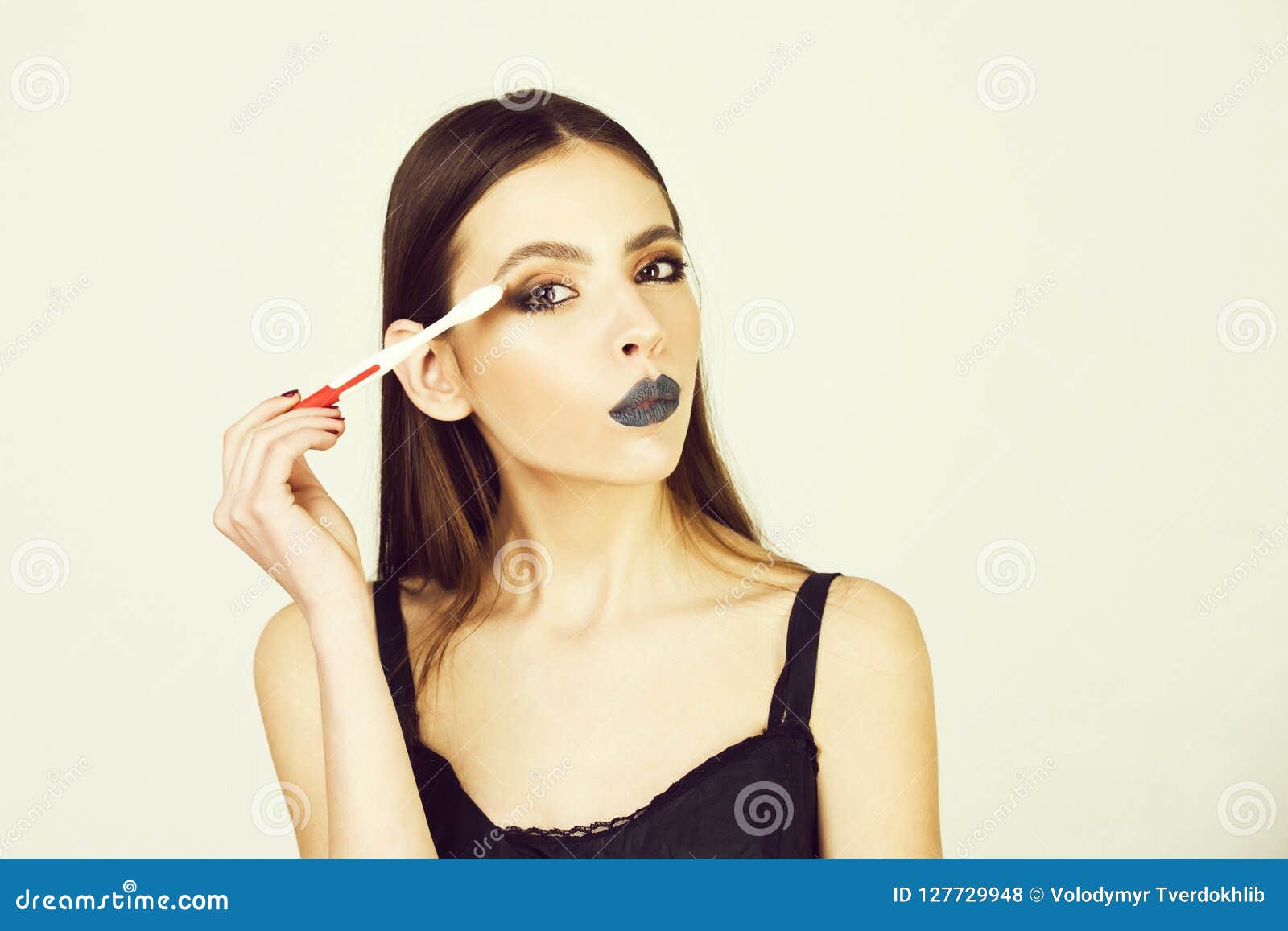 Girl With Teeth Brush Has Fashionable Makeup Stock Pho
