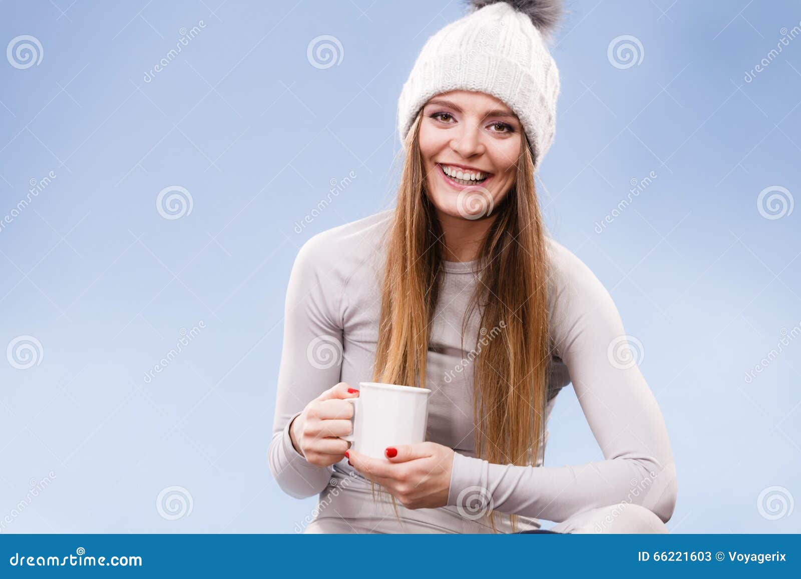 Girl in Thermal Underwear Drinking Tea Stock Image - Image of smiling ...