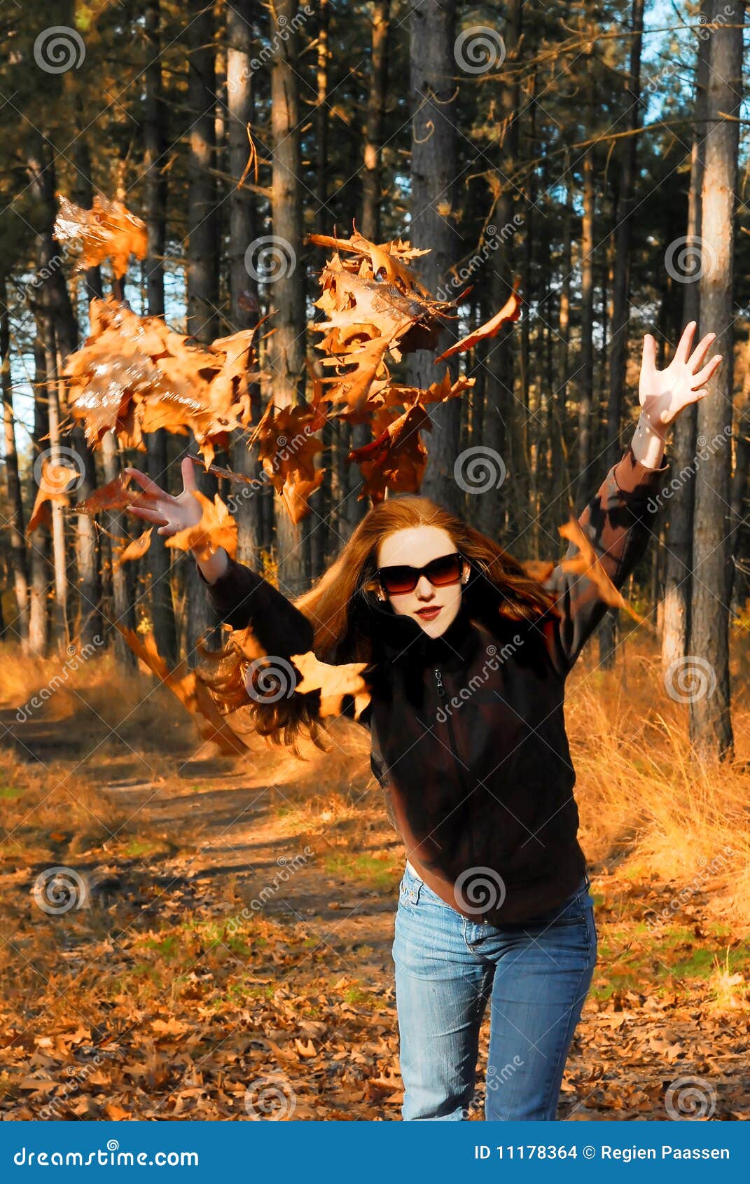 Girl throwing leaves stock photo. Image of long, nature 11178364