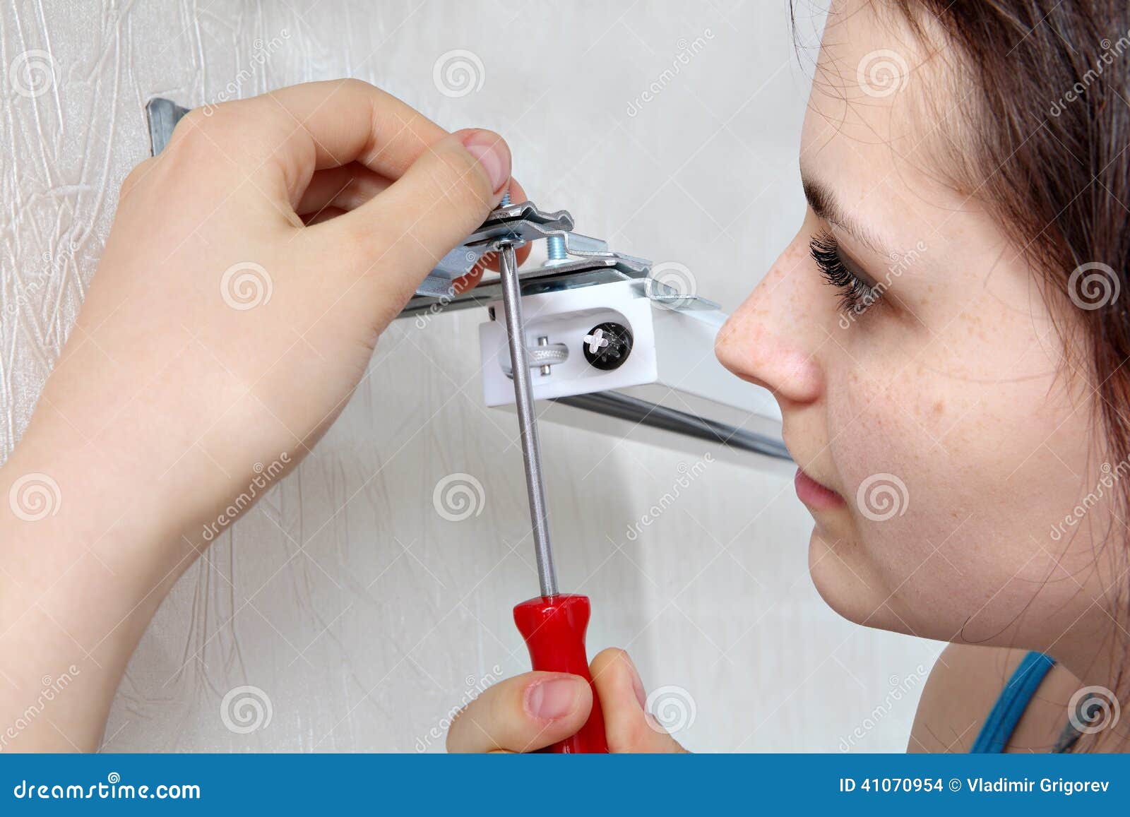 Girl Tighten Brackets Vertical Blind Headrails Stock Photo - Image