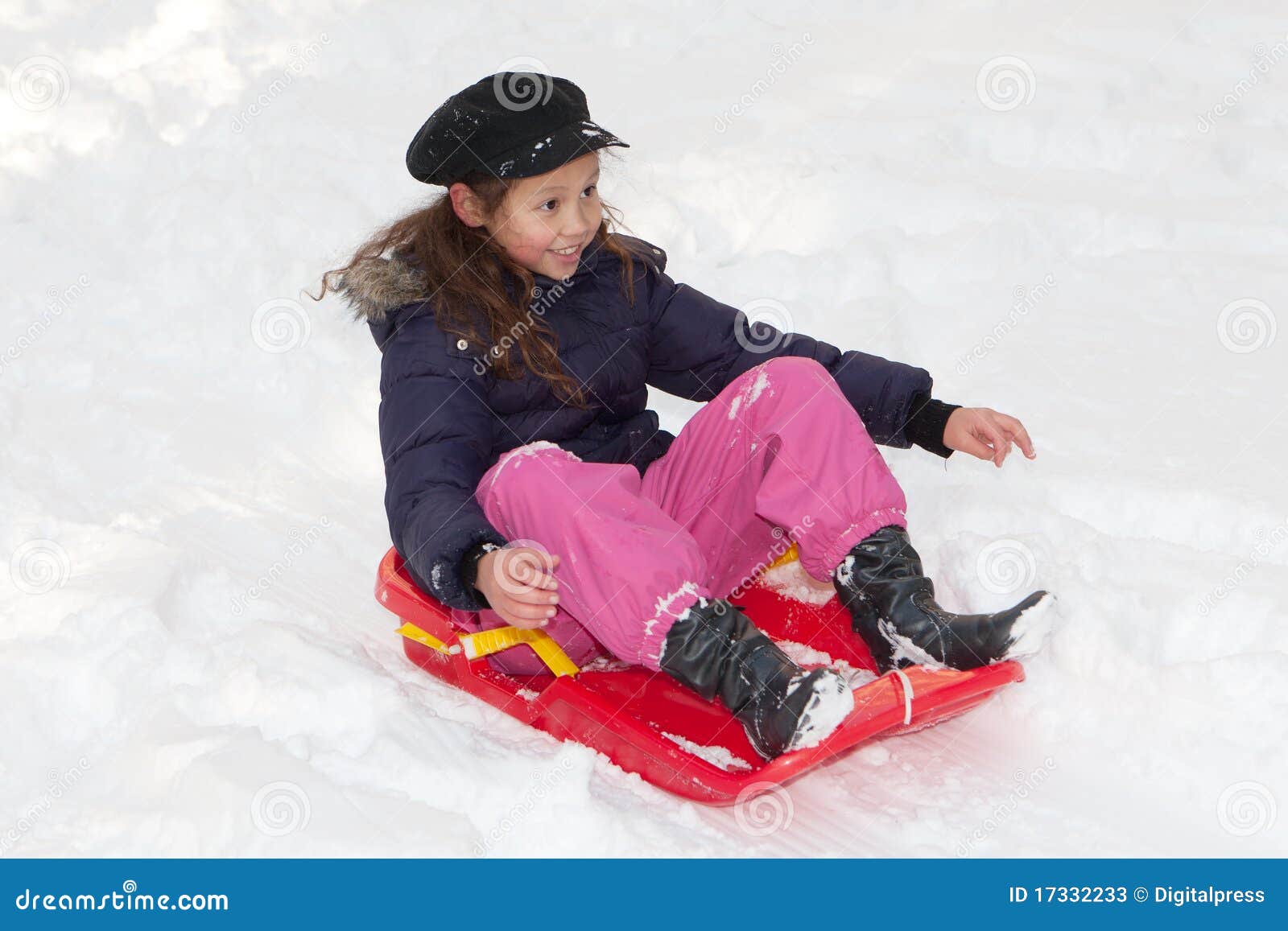 Girl with Toboggan in the Snow Stock Image Image of slide, sport