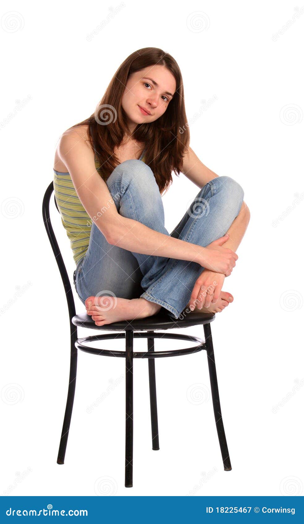 Girl Top Sit On Stool Truck Up Both Legs. Royalty Free Stock 