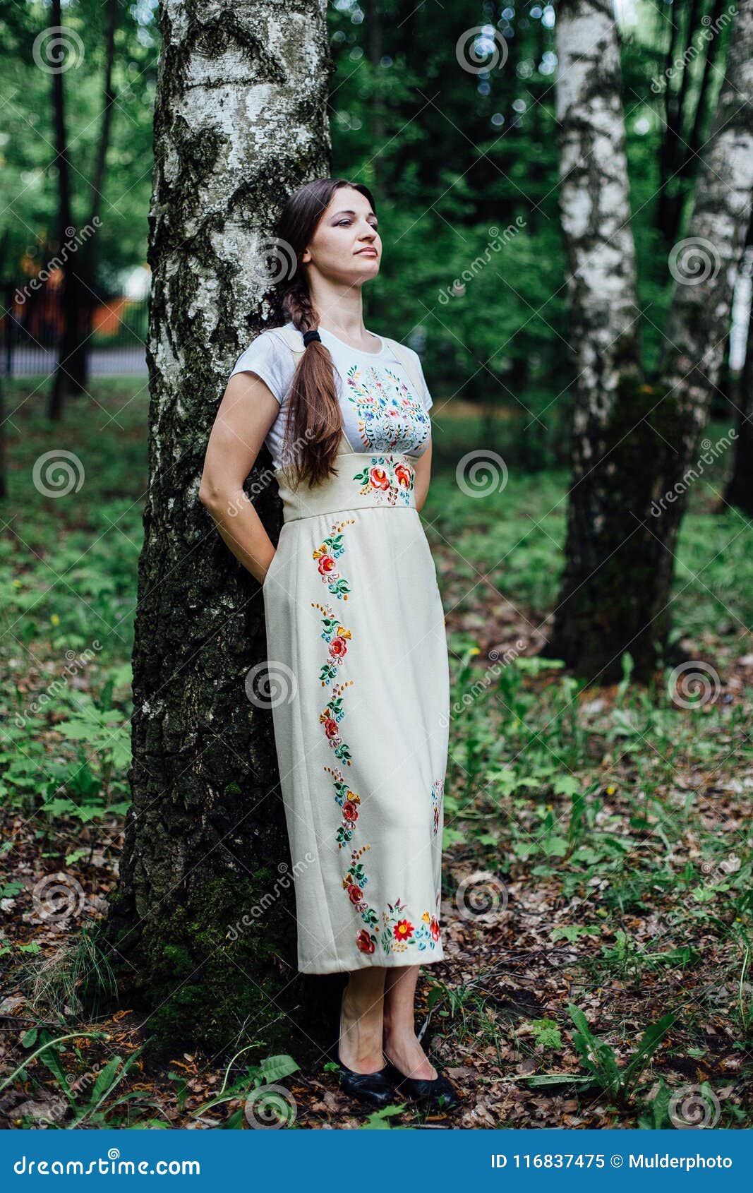 Girl in Traditional Russian Dress Sarafan Leaned Against Birch Stock ...