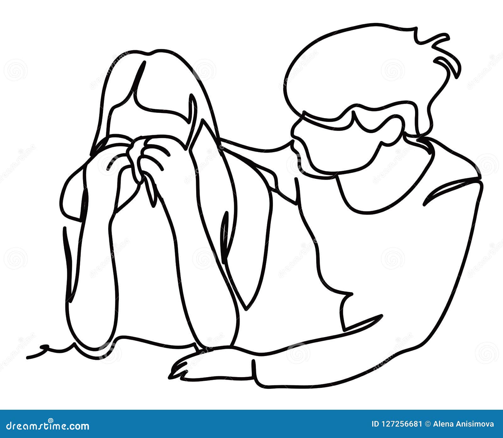girl trying to comfort encourage her sad best friend stressing continuous line drawing vector isolated illustration 127256681