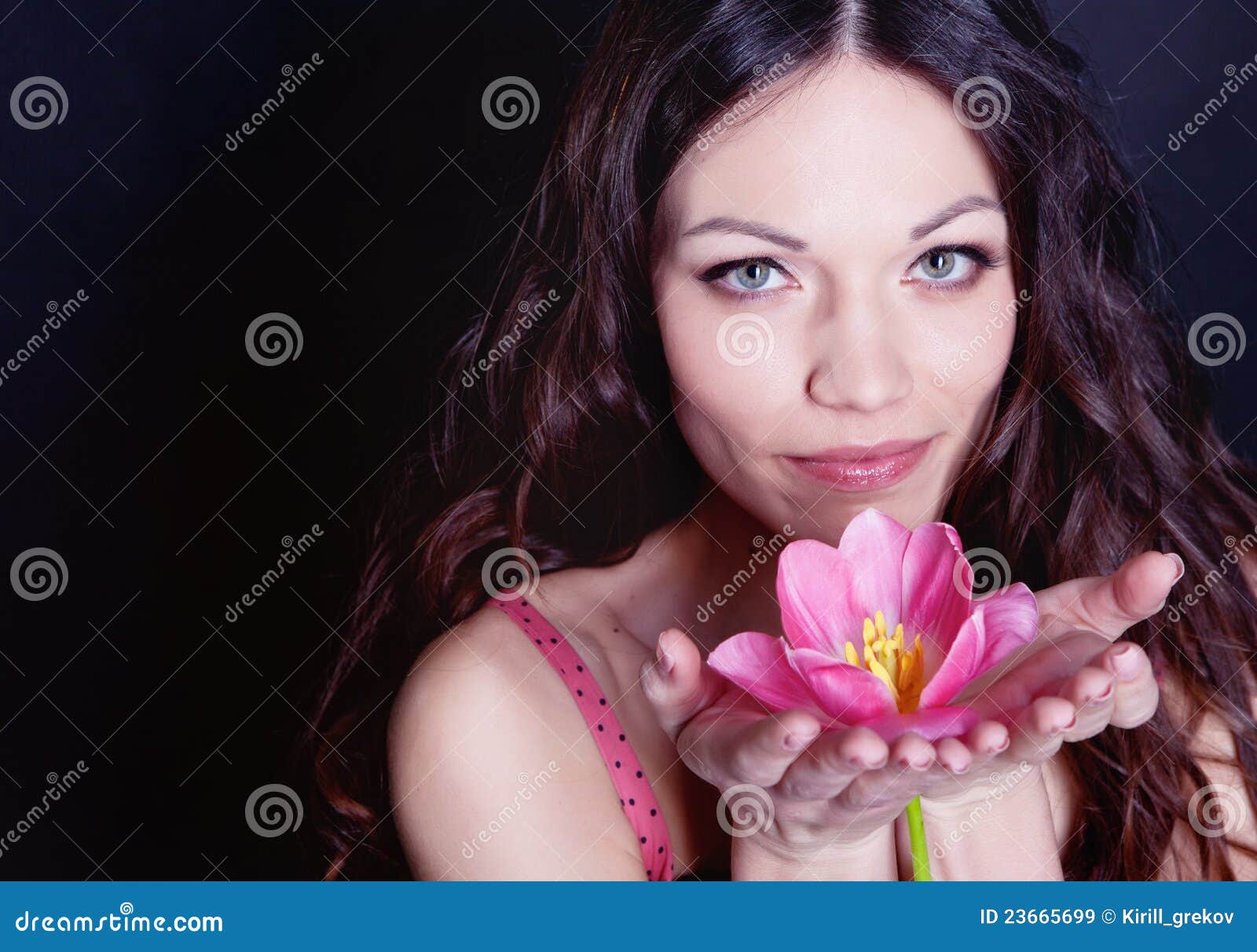 Girl with Tulip Flower in Hands Stock Image Image of gift, petals 23665699