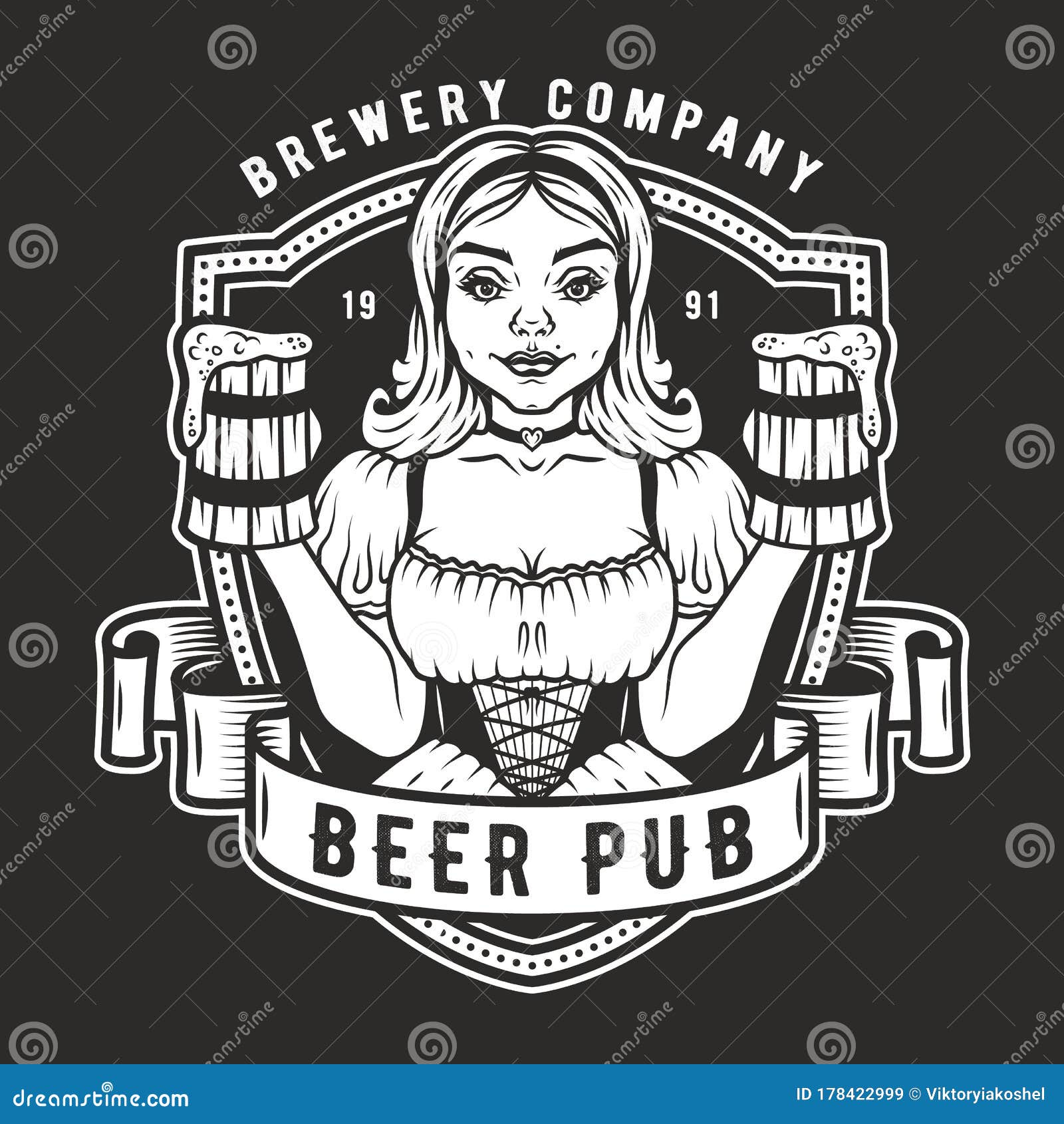 Girl With Two Pints Of Beer Logo Emblem Bar Menu Vector Illustration ...