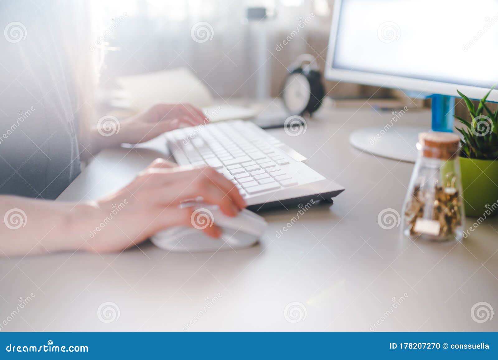 Girl Typing on a White Keyboard and Uses a Mouse Stock Photo - Image of ...