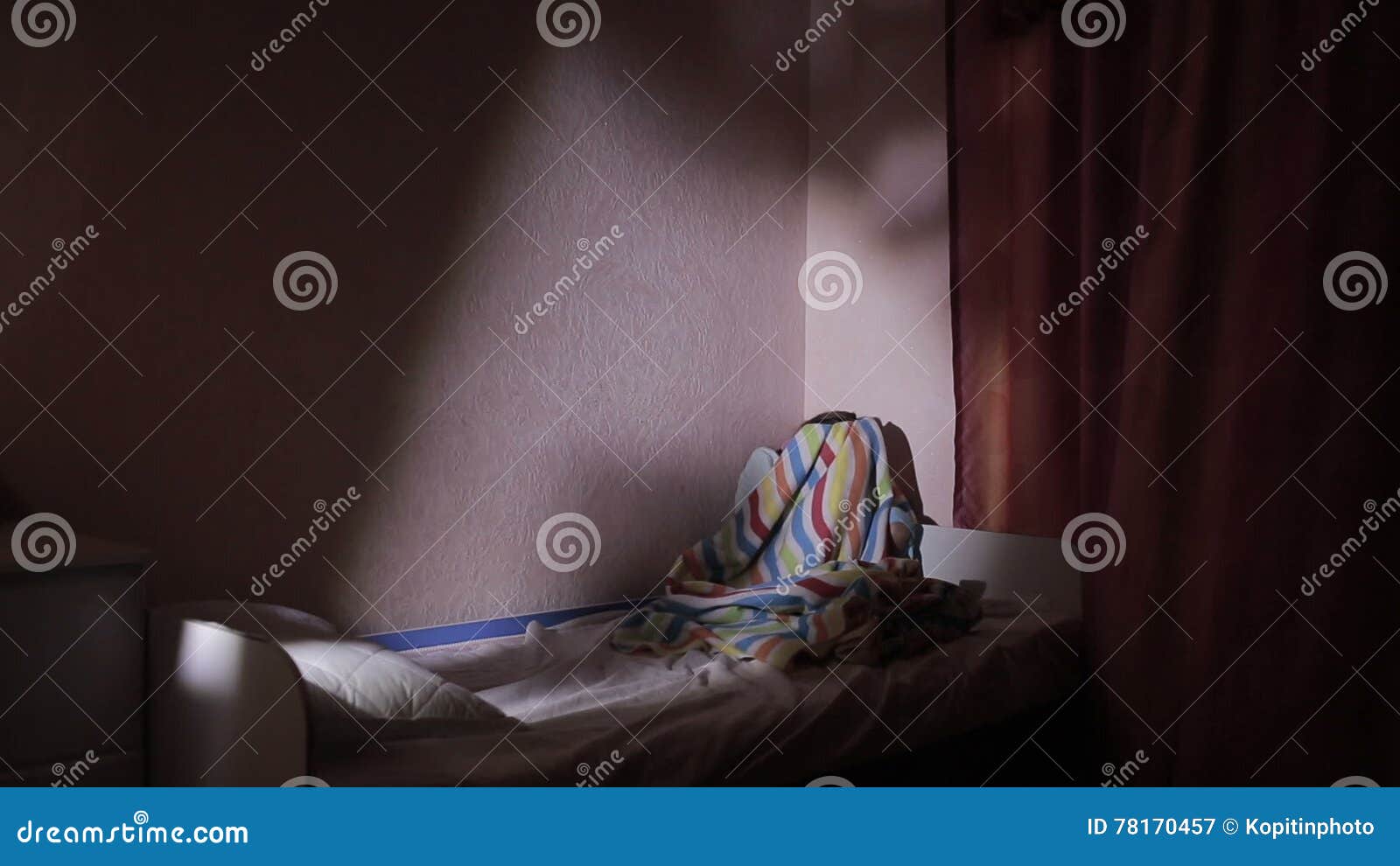 Girl Under the Covers in the Night Afraid of Ghosts. Nightmares. Stock