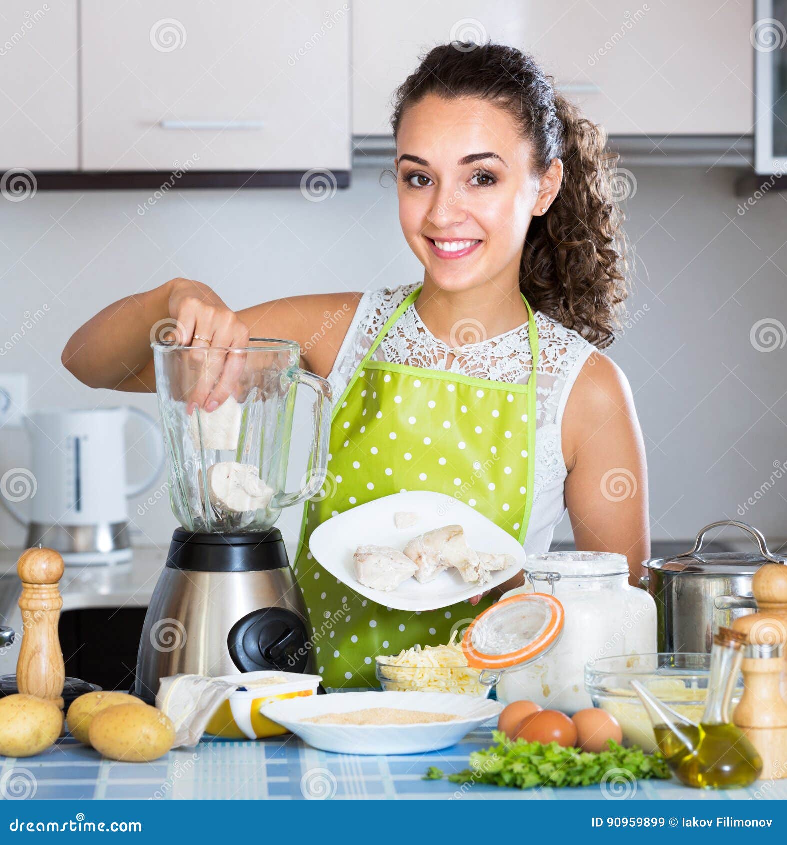 Girl Using Blender and Grinding Ingredients Stock Image Image of