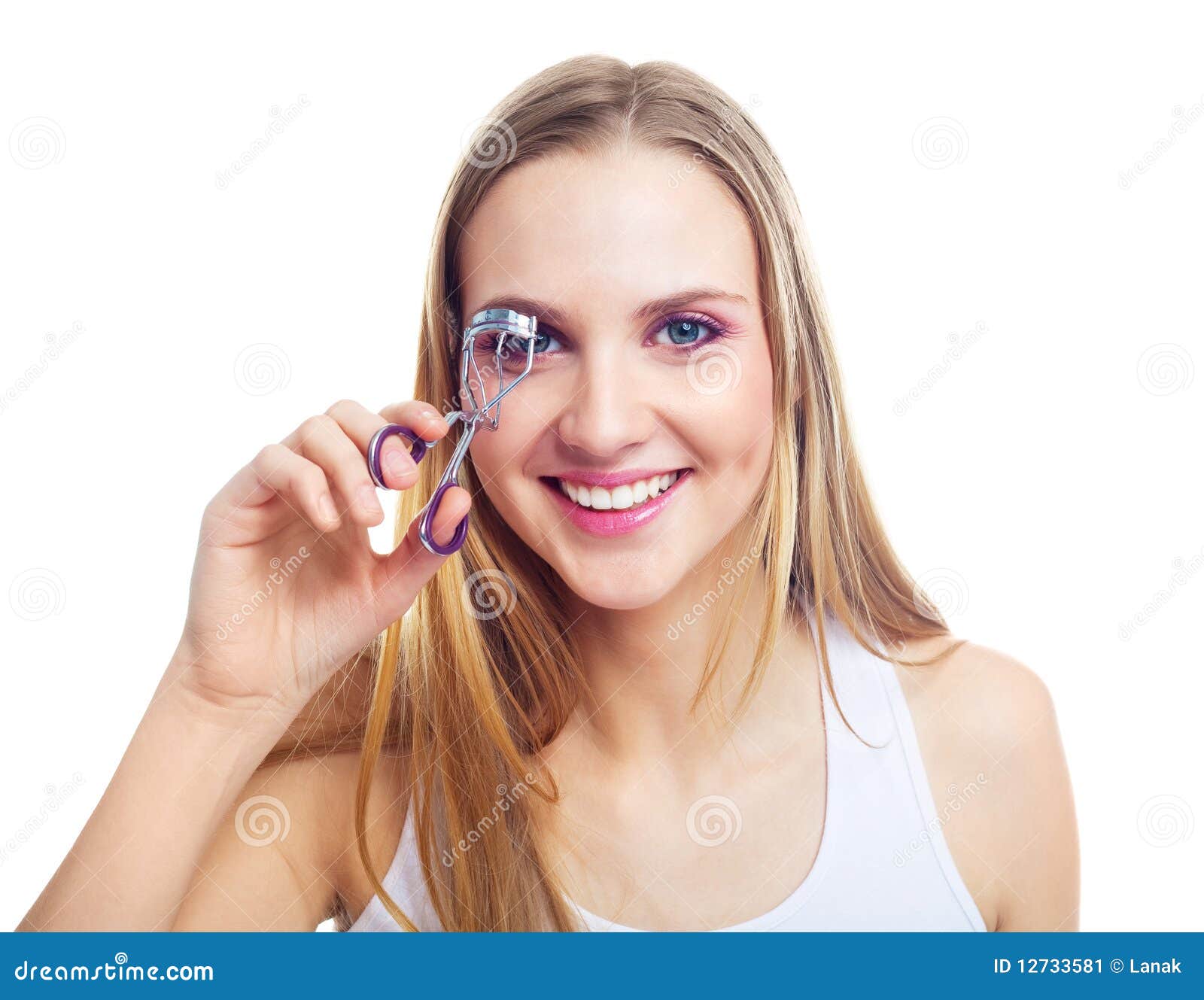 Girl Using an Eyelash Curler Stock Image Image of lashes, laugh 12733581