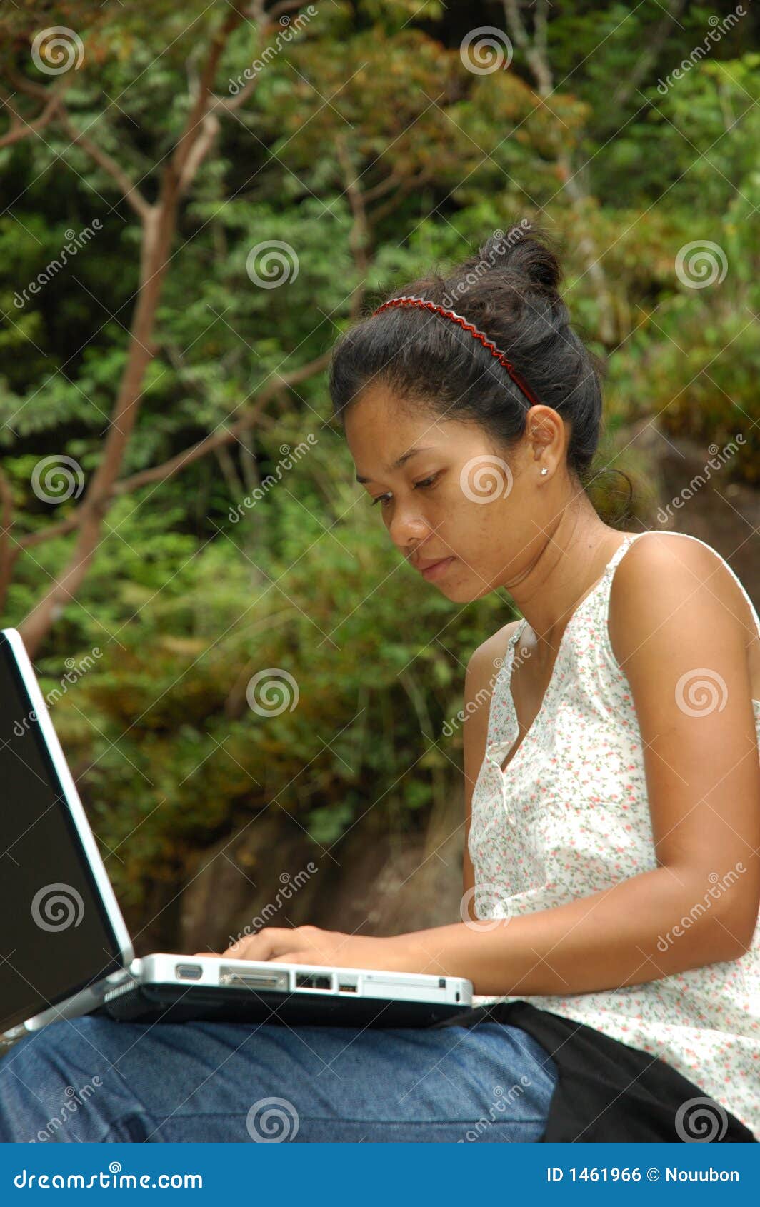 Girl On Vacation Using Laptop Computer Outside Stock Photo ...