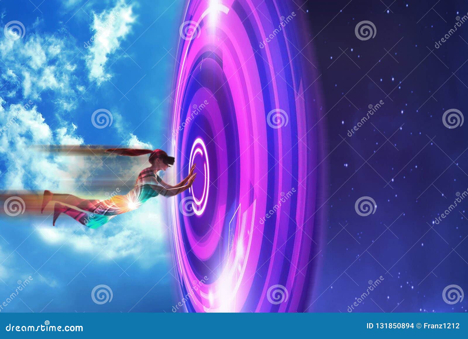 A Girl in Virtual Reality Glasses Dreams that she is Flying. Concept of
