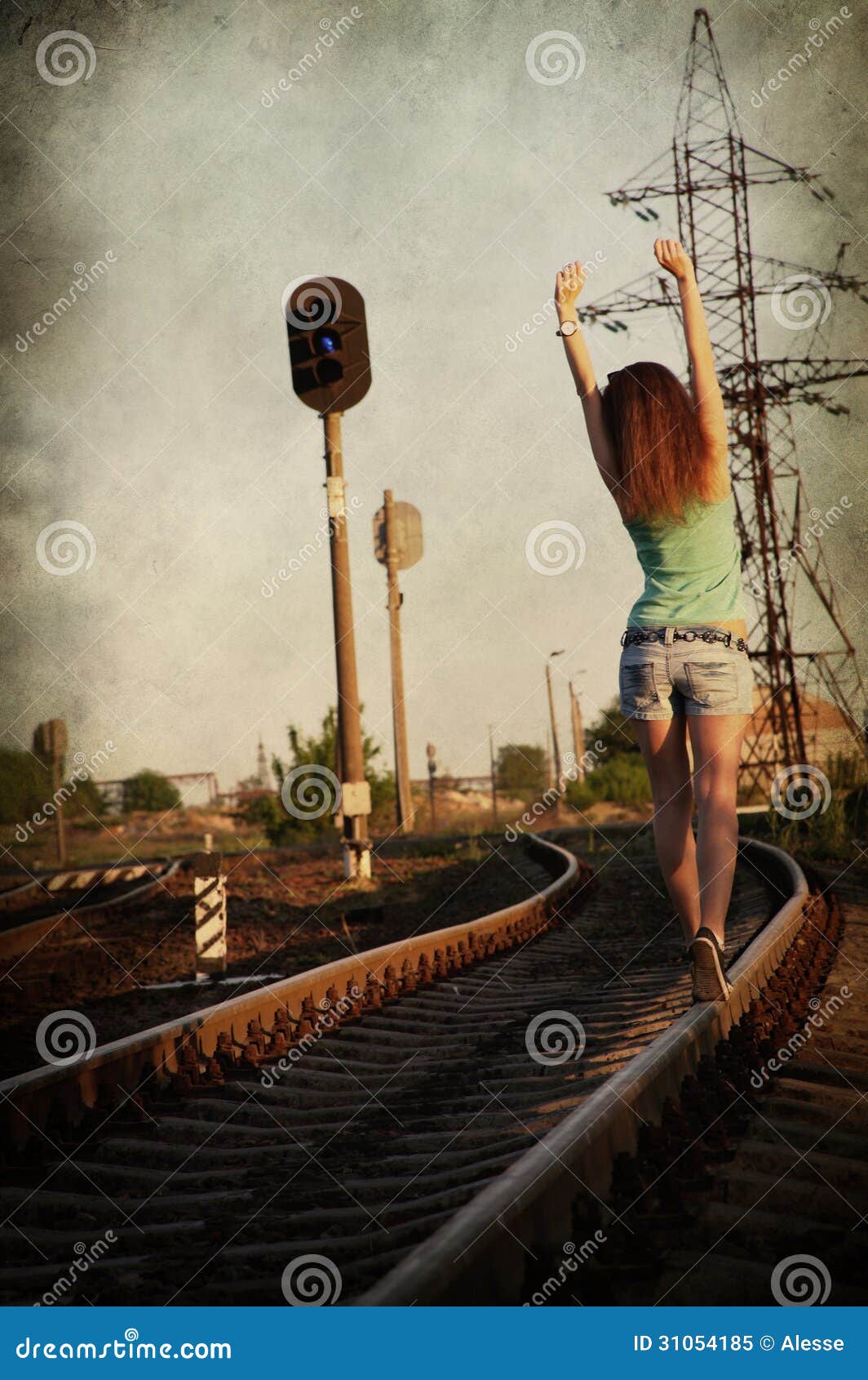 Girl Walking Alone Along Ra Track Stock Image - Image of grunge, alone ...
