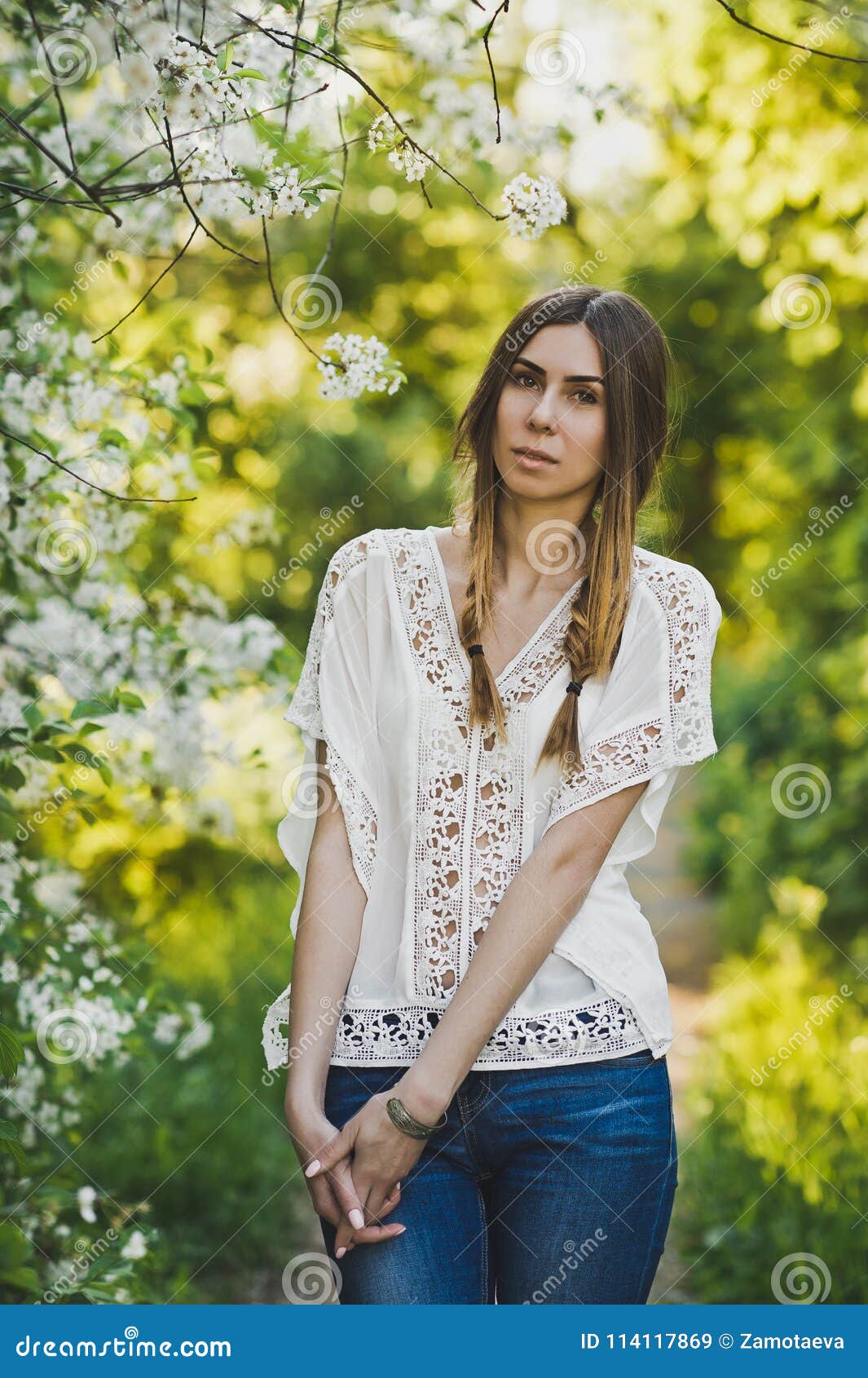 Girl in White Blouse Walking through the Garden 6103. Stock Image ...