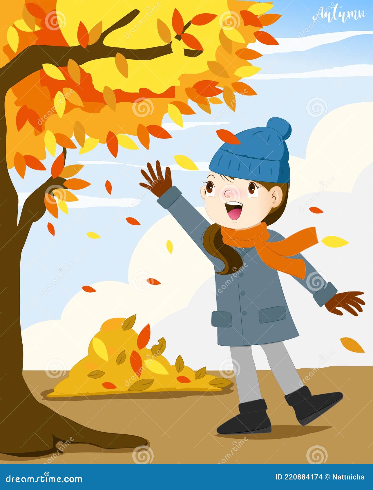 Girl Walking in Autumn Leaves Stock Vector - Illustration of forest ...