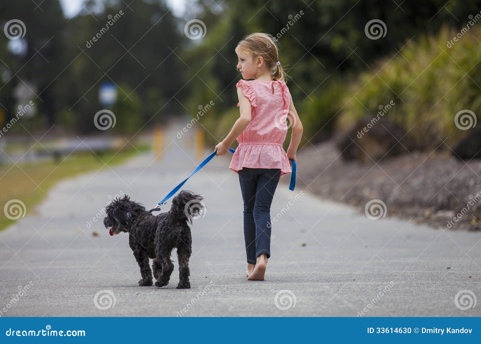 Girl Walking Her Dog stock photo. Image of girl, barefoot 33614630