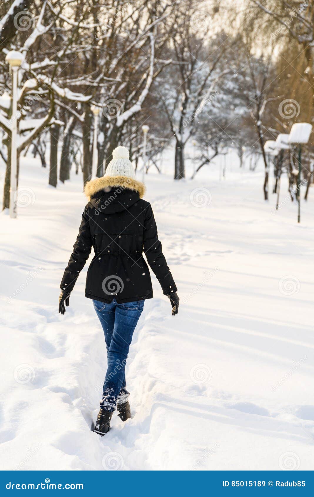 Girl Walking in Winter Snow Park Stock Image - Image of background ...