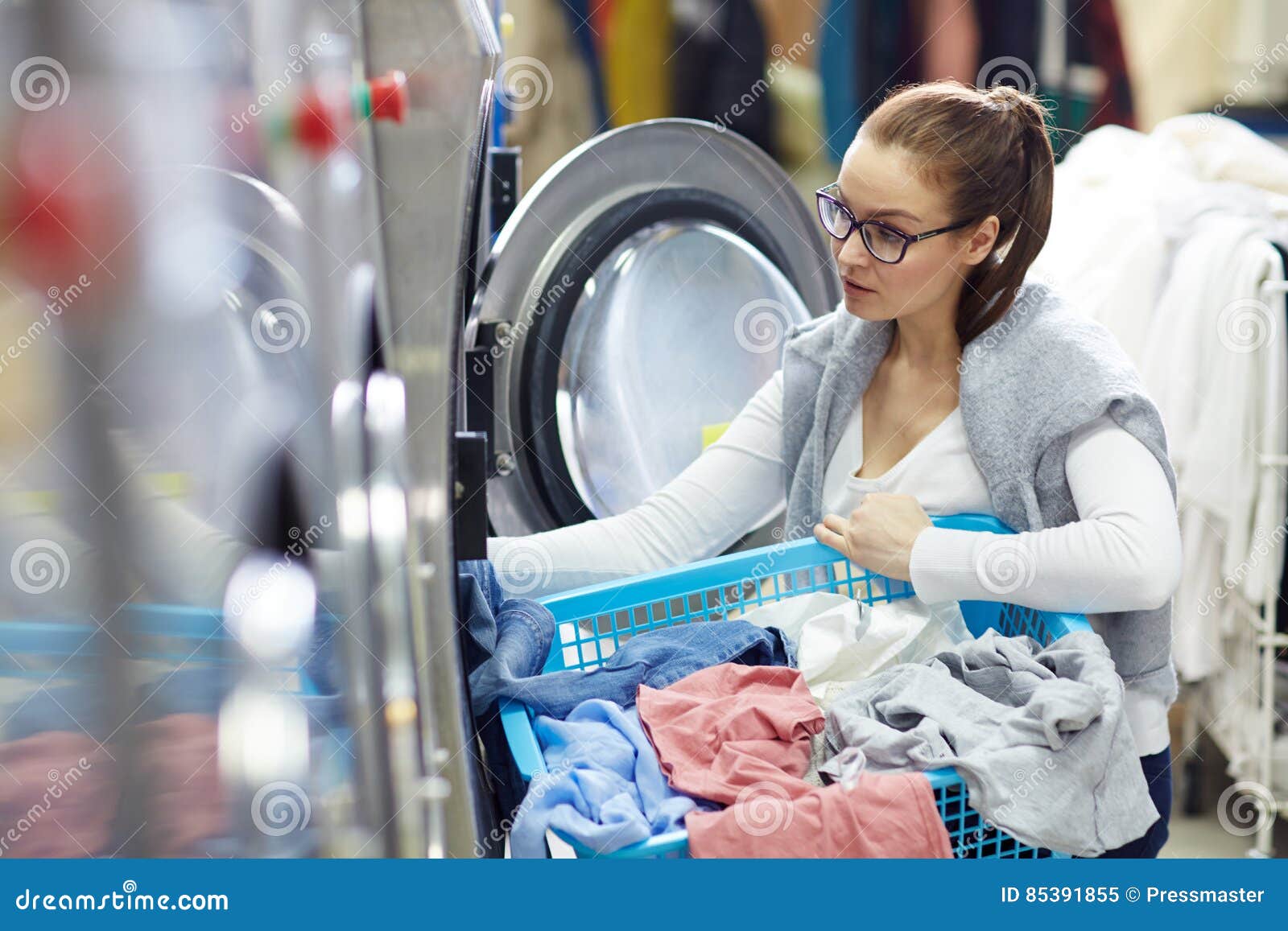 Girl by washing-machine stock image. Image of automatic - 85391855