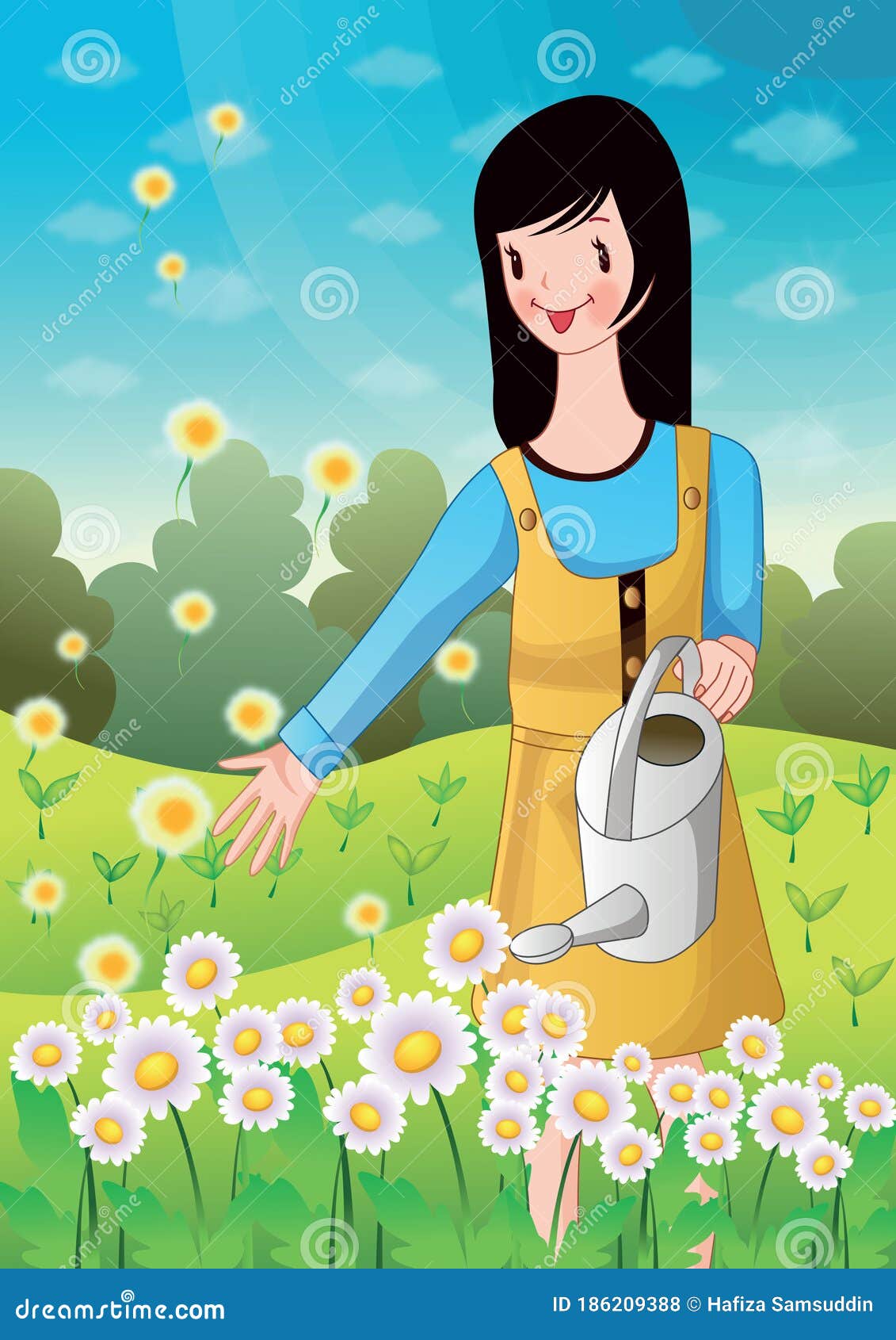 Girl Watering Plants Vector Illustration Decorative Design Stock