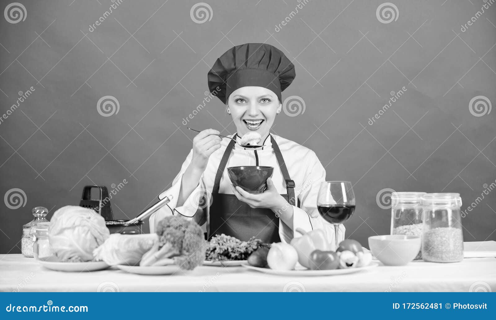 Girl Wear Hat and Apron Try Meal Taste. Woman Professional Chef Hold ...