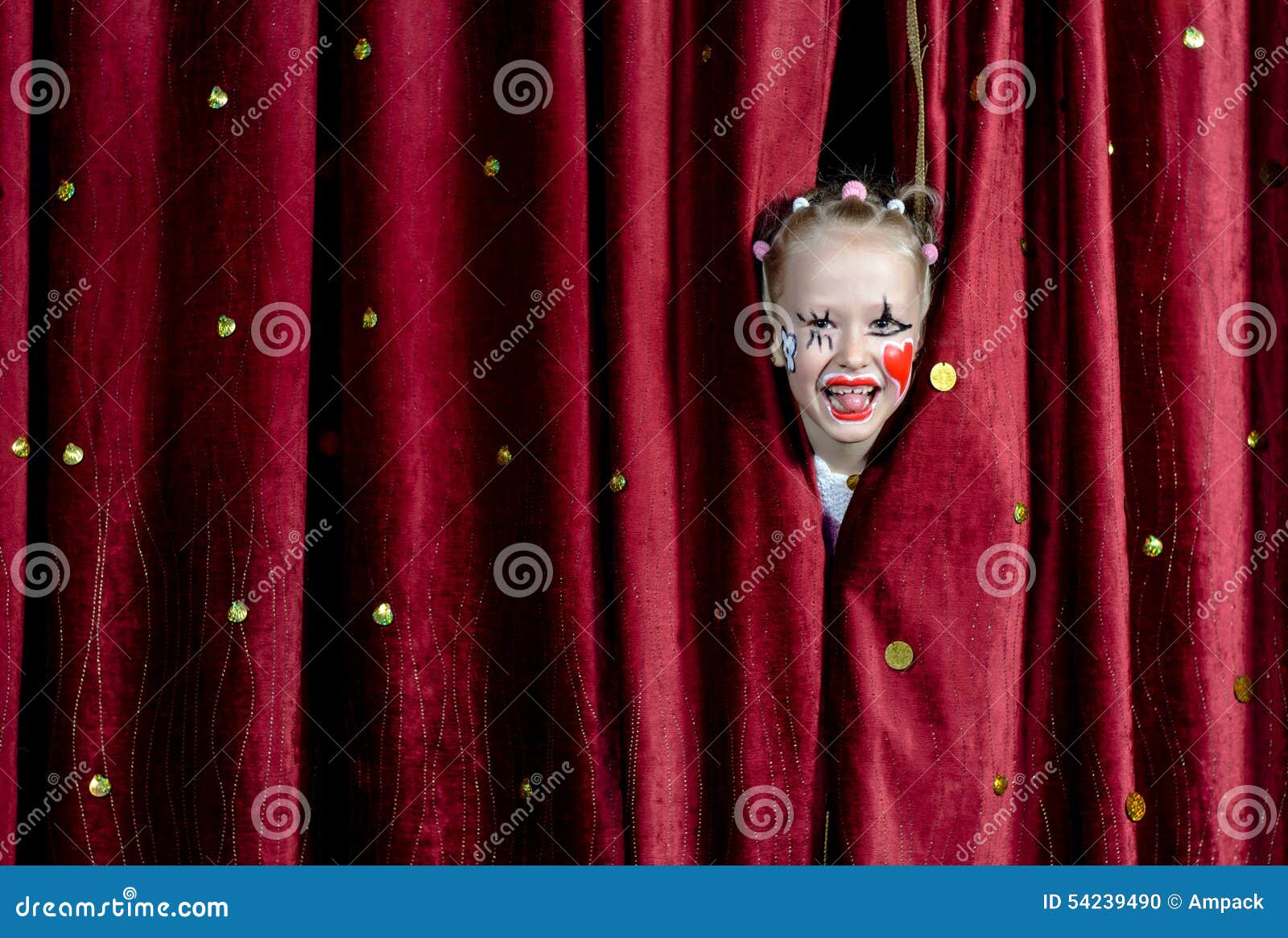 Girl Wearing Clown Makeup Peeking through Curtains Stock Photo - Image ...