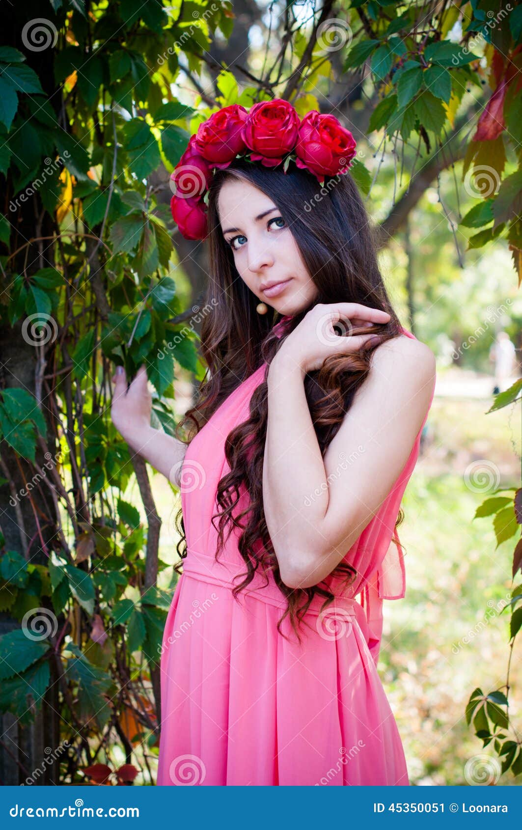 Girl Wearing a Crown of Roses Stock Image - Image of green, curly: 45350051