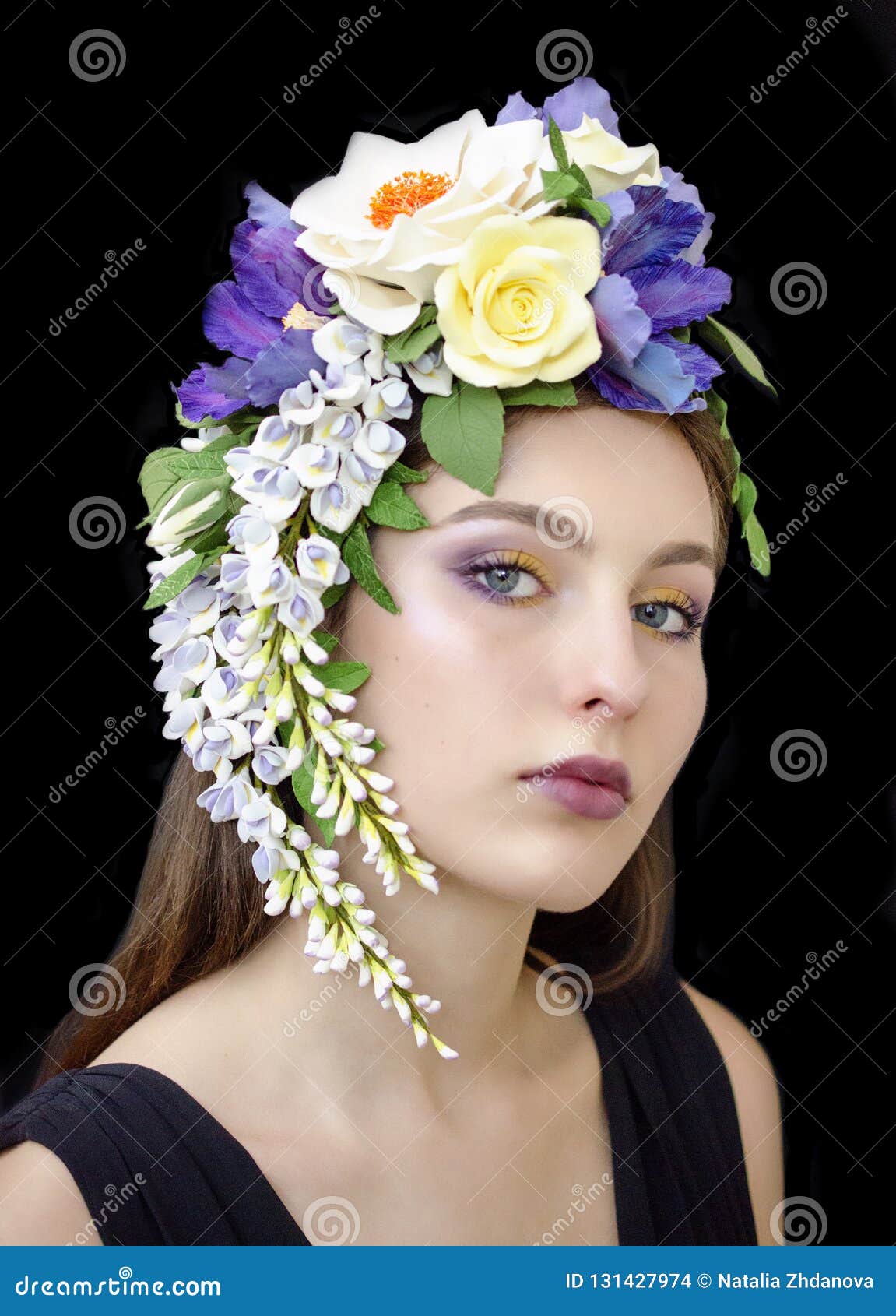 A girl in a flower crown stock photo. Image of occasions - 131427974