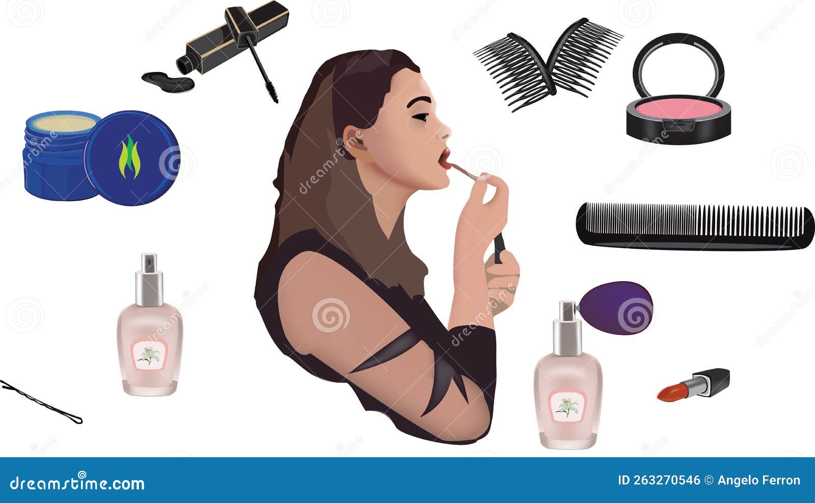 Girl Wearing Makeup with Cosmetics of Various Kinds Stock Vector