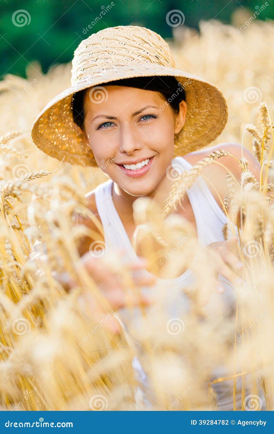 Girl Wearing Straw Hat is in Rye Field Stock Photo - Image of happiness ...
