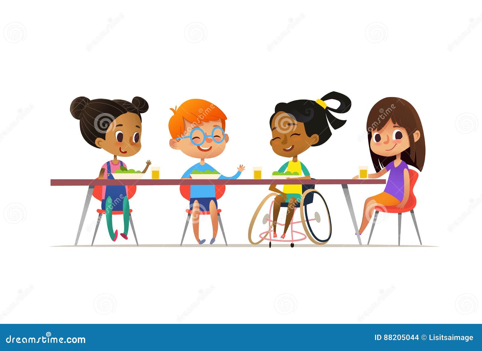 girl in wheelchair sitting at table in canteen and talking to her friends. happy multiracial kids having lunch. school inclusion c