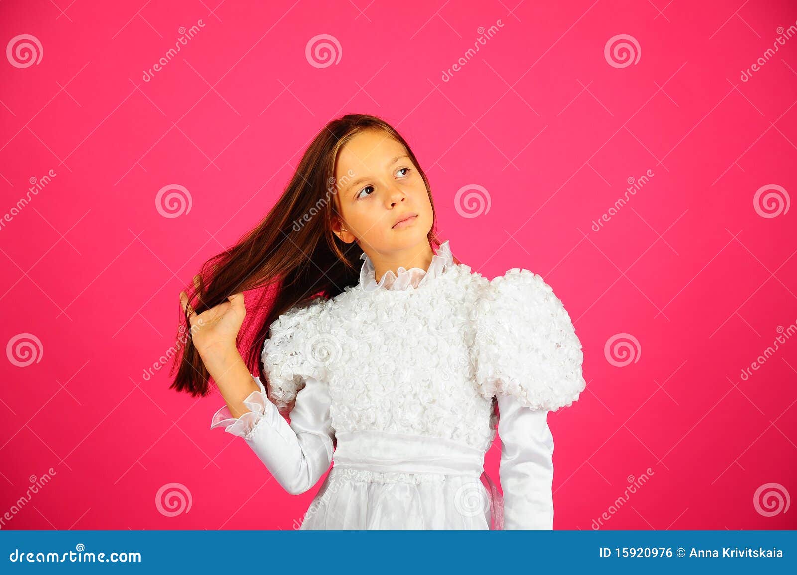 The Girl in a White Dress on a Pink Background Stock Photo - Image of ...