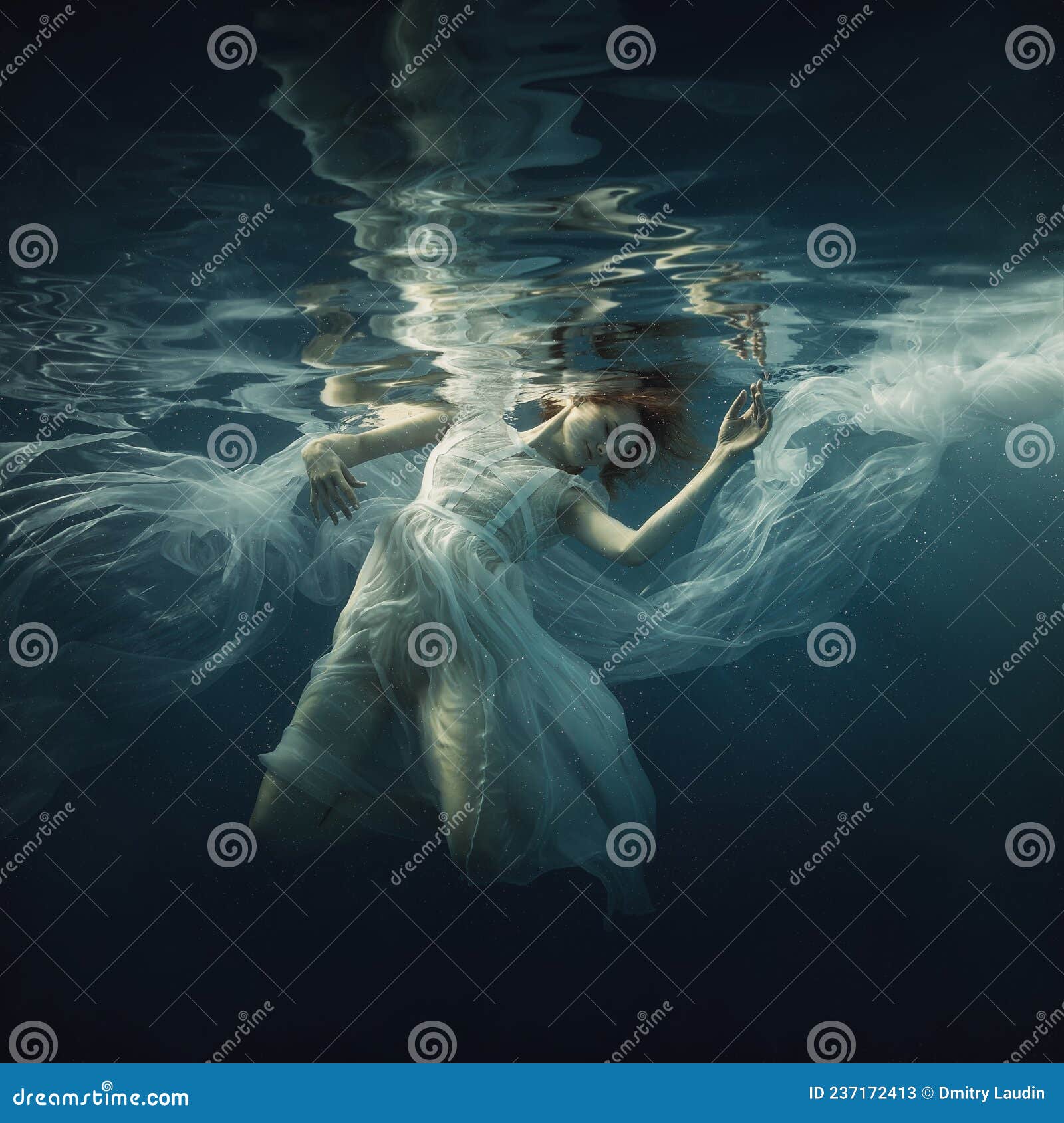 A Girl in a White Dress Posing Underwater on a Dark Background As If ...